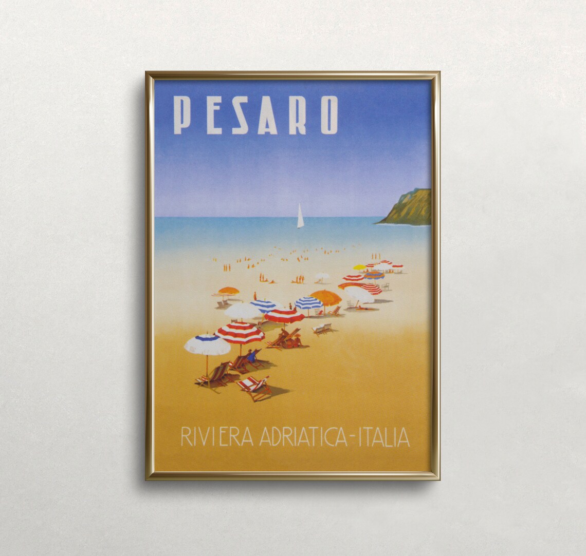Pesaro Italy Adriatic Riviera Beach Umbrellas Vintage Travel Poster