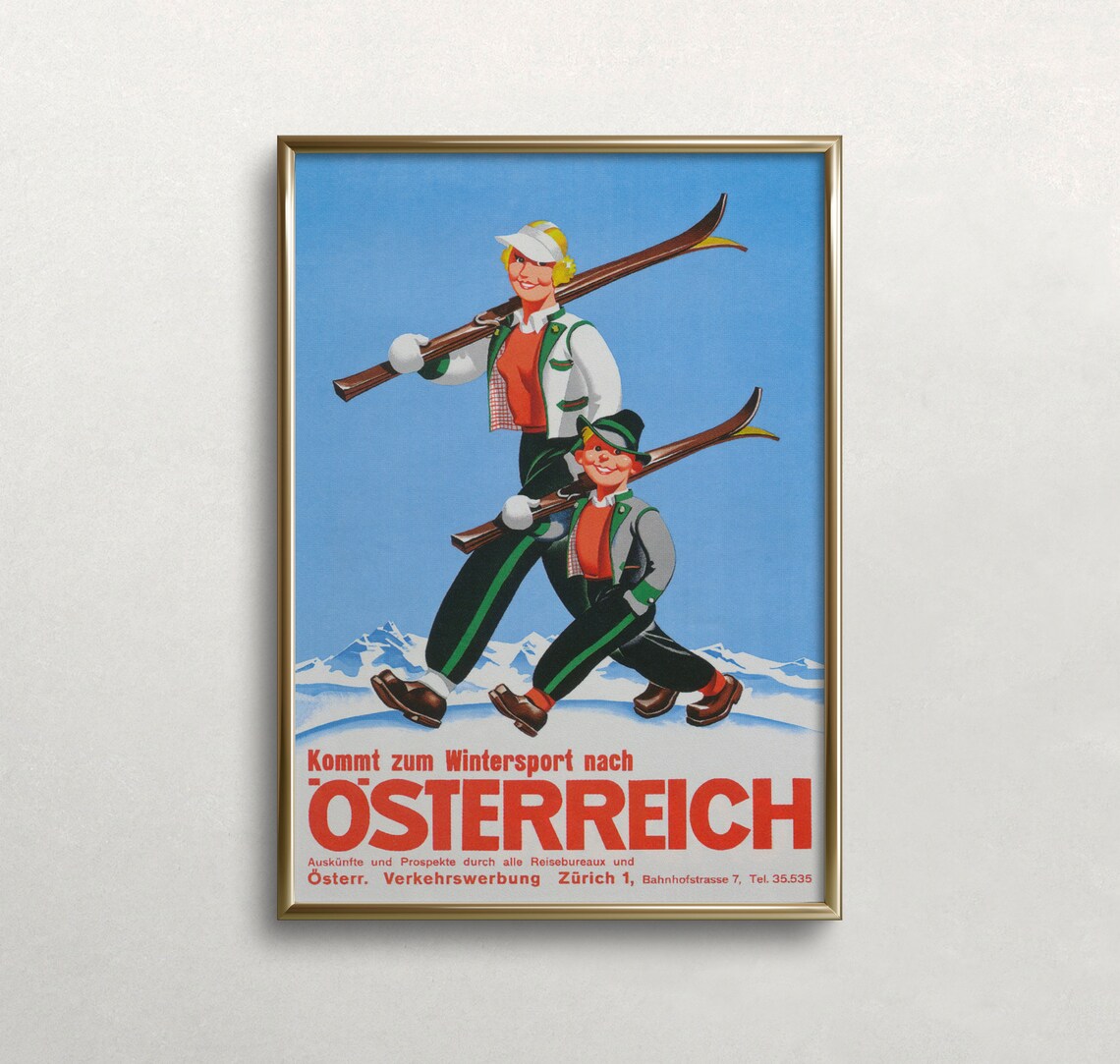 Austria Winter Sports Vintage Mom and Son Skiers Alpine Travel Poster