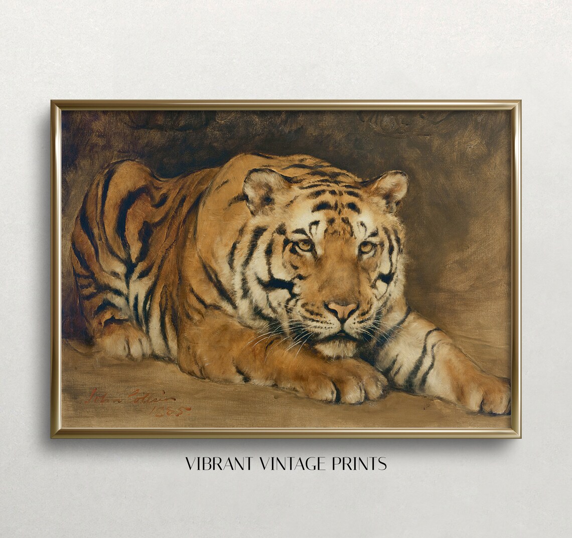 Vintage Tiger Wall Art Print, Muted Neutral Tones
