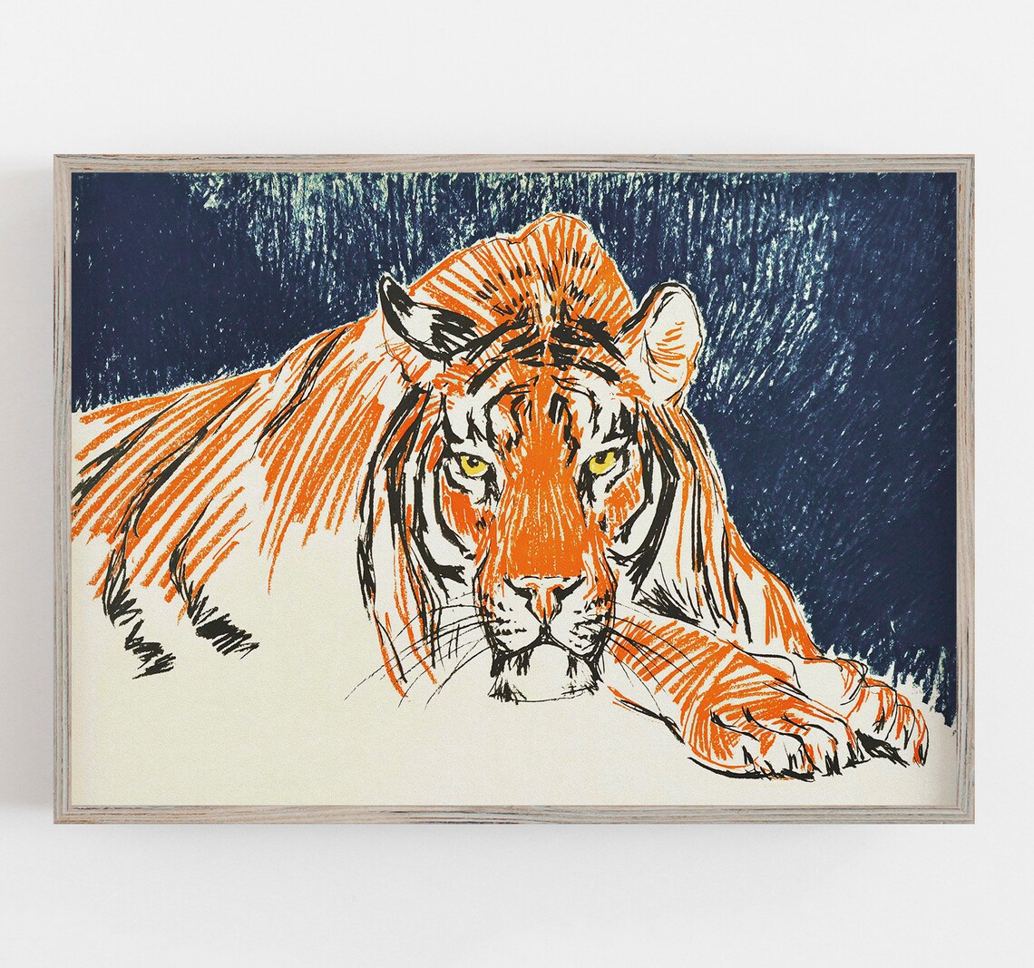 Vintage Tiger Art Print, Retro Wild Cat Decor