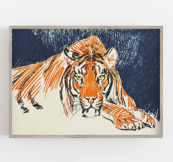 Vintage Tiger Art Print, Retro Wild Cat Decor