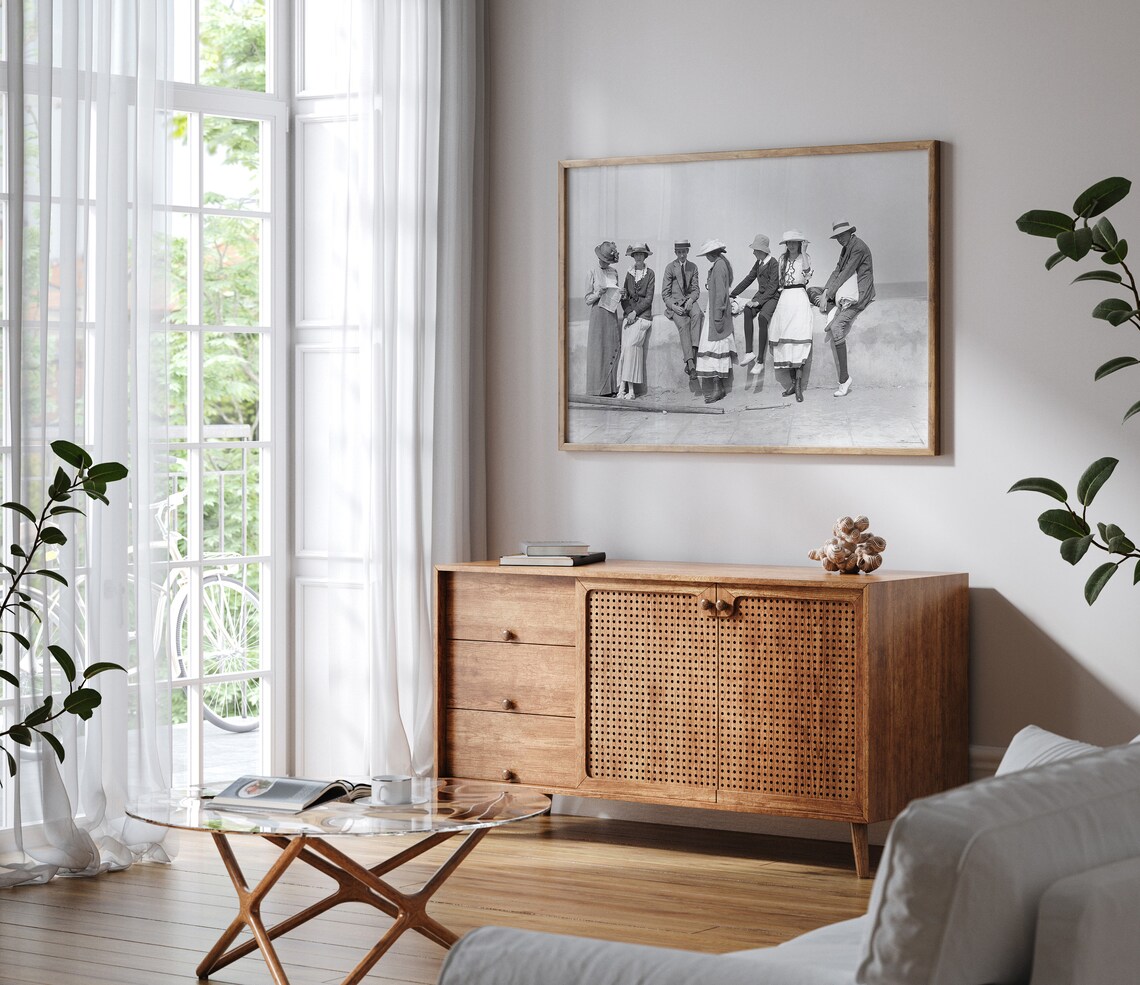 Vintage Group of Young People at Seawall Black and White Photo Poster - Image 2
