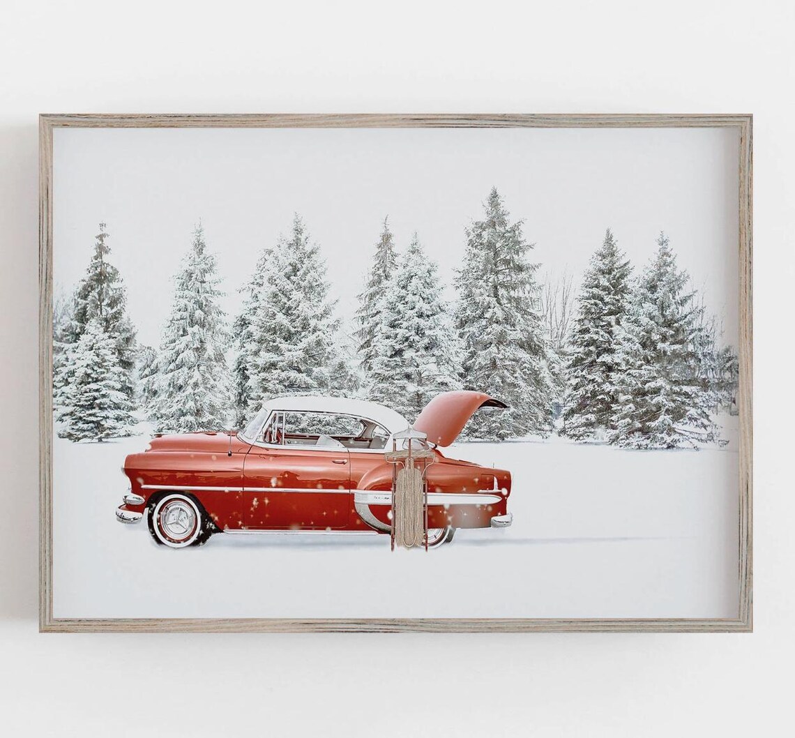 Red Car In Snow Christmas Wall Art, Retro Poster