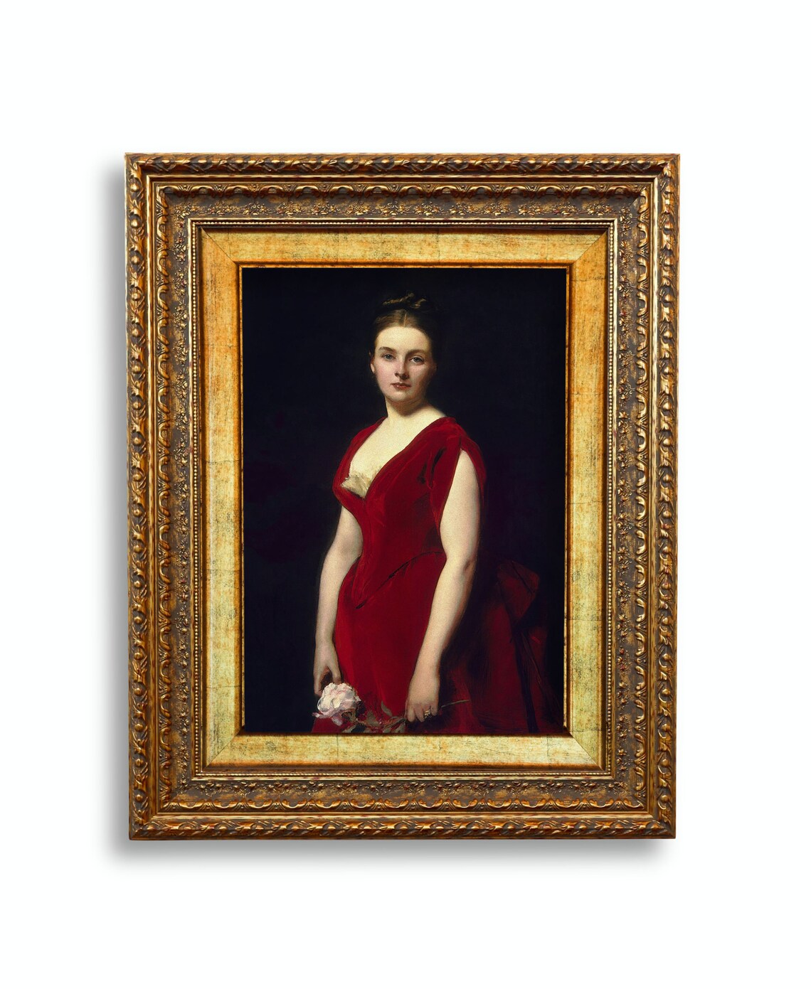 Woman Red Velvet Dress Rose Portrait Victorian Style Vintage Wall Art - Image 3