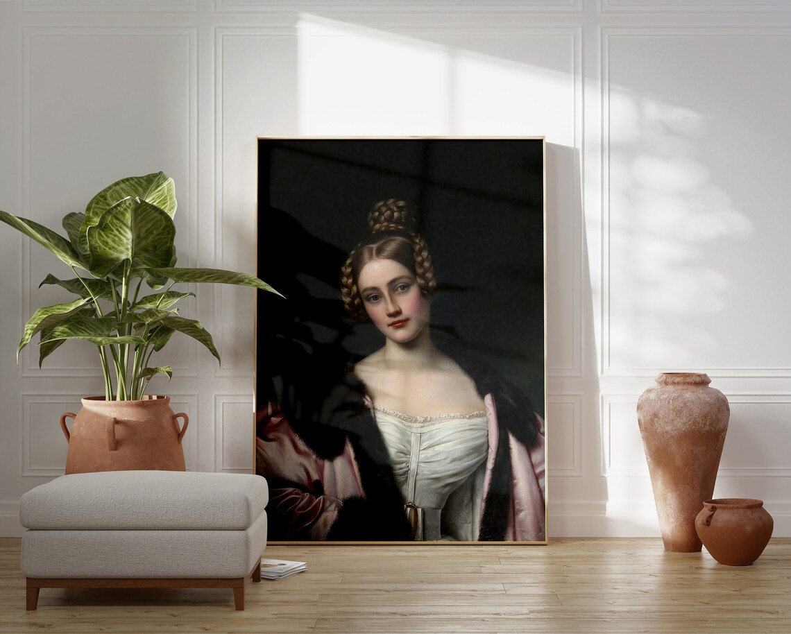 Young Woman in Pink Satin Cloak Oil Portrait Dark Background Poster - Image 5