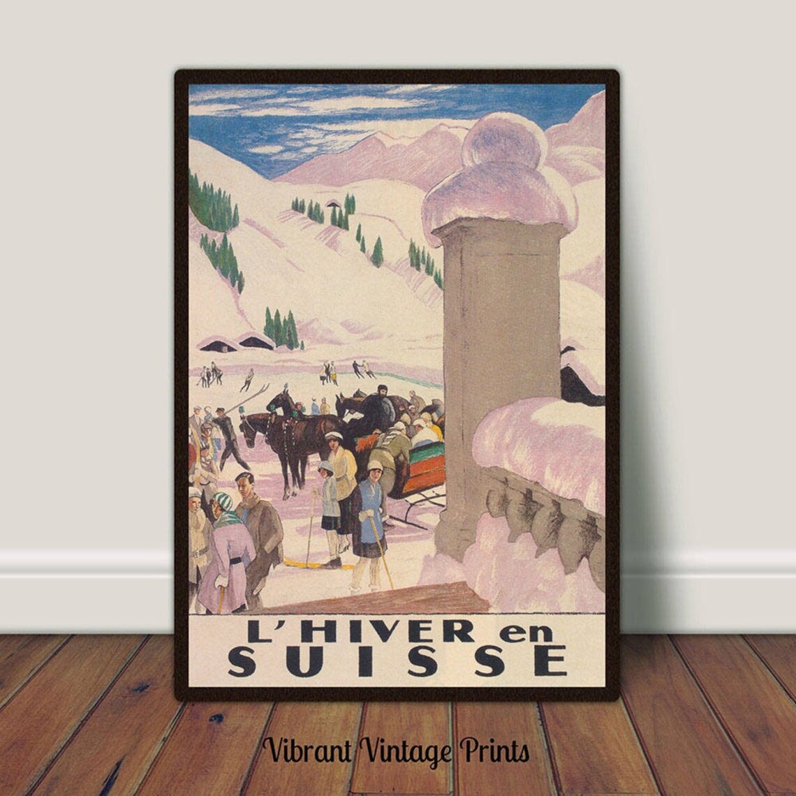 L Hiver en Suisse Swiss Alps Winter Sleigh Vintage Travel Poster