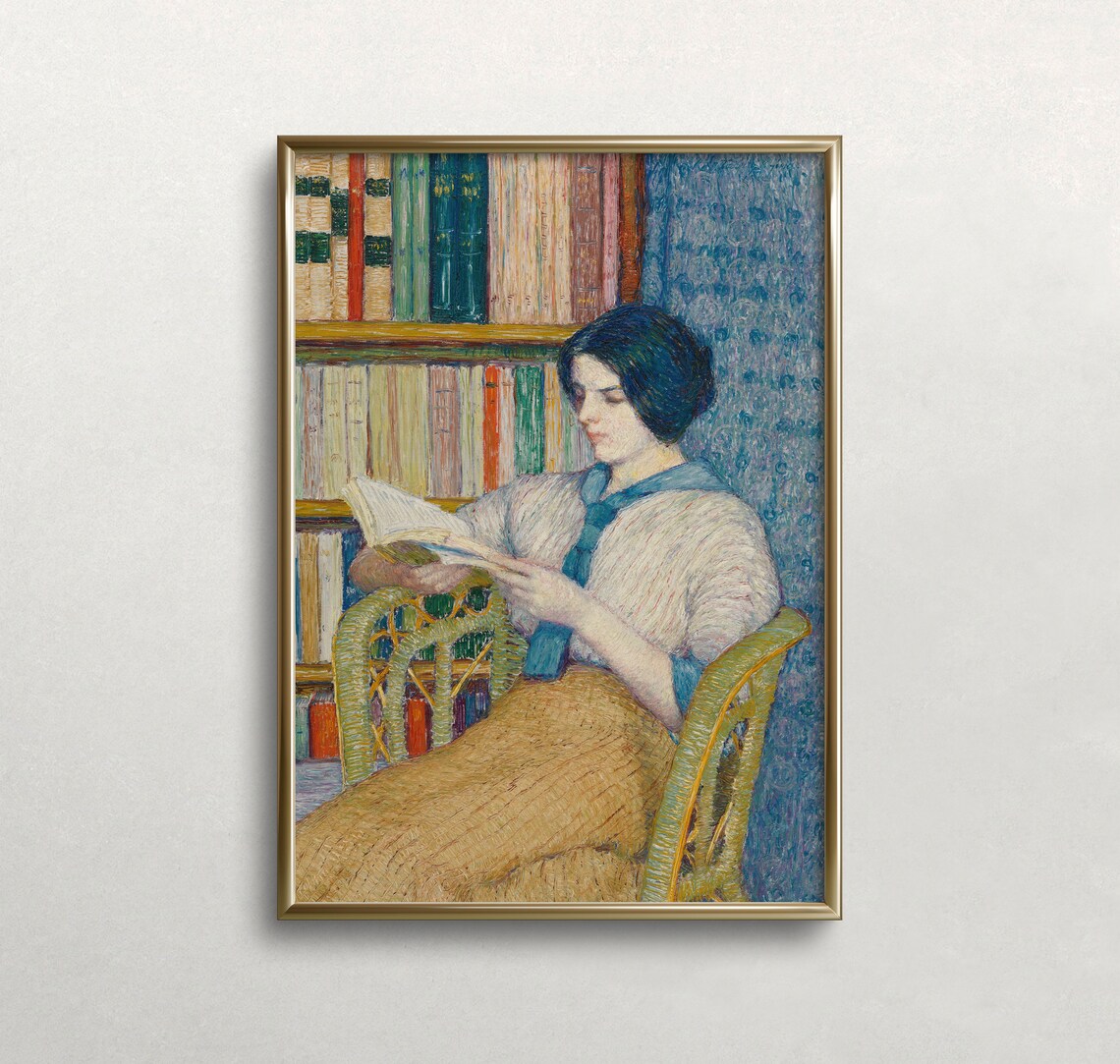 Woman Reading Library Bookshelf Impressionist Portrait Wicker Chair Print