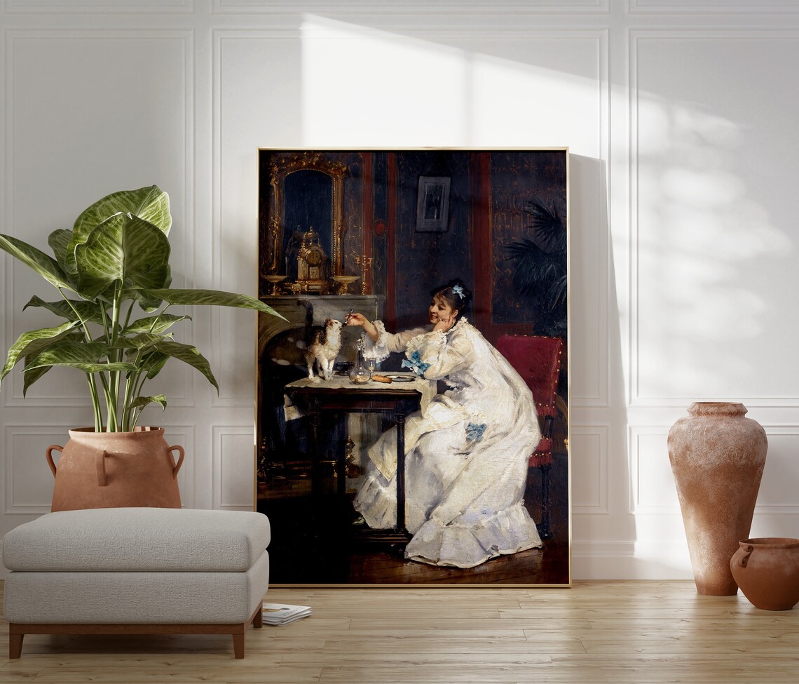 Woman And Cat Vintage Art Print, Antique Feeding Cat - Image 4