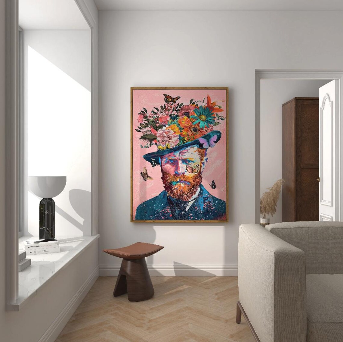Van Gogh Style Flower Hat Portrait Colorful Butterfly Collage Poster - Image 3