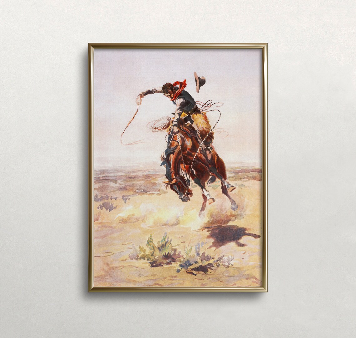 Western Rodeo Cowboy Lasso Rearing Horse Desert Dust Action Print