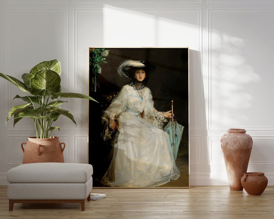 Elegant Lady in White Gown and Hat with Parasol Vintage Portrait Poster - Image 5