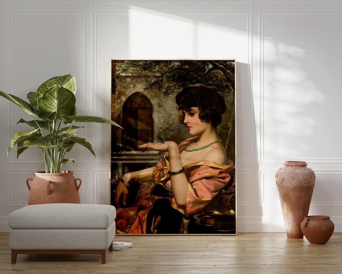 Vintage Woman With Butterfly On Hand Moody Garden Portrait Print - Image 2
