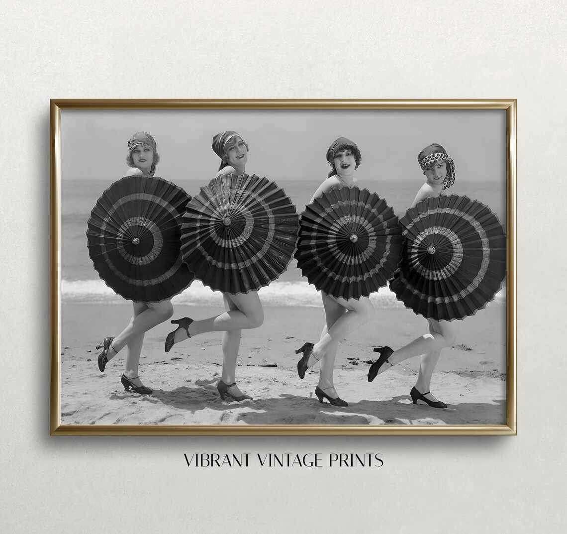 Women With Parasols Dancing On Beach Vintage 1920s Photo Print