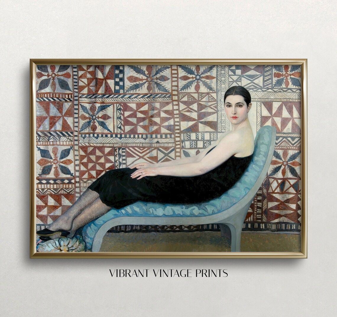 Woman Reclining on Blue Chaise Patterned Tapestry Elegant Portrait Print