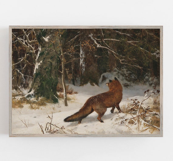 Fox in Snow, Moody Vintage Winter Decor Art Print