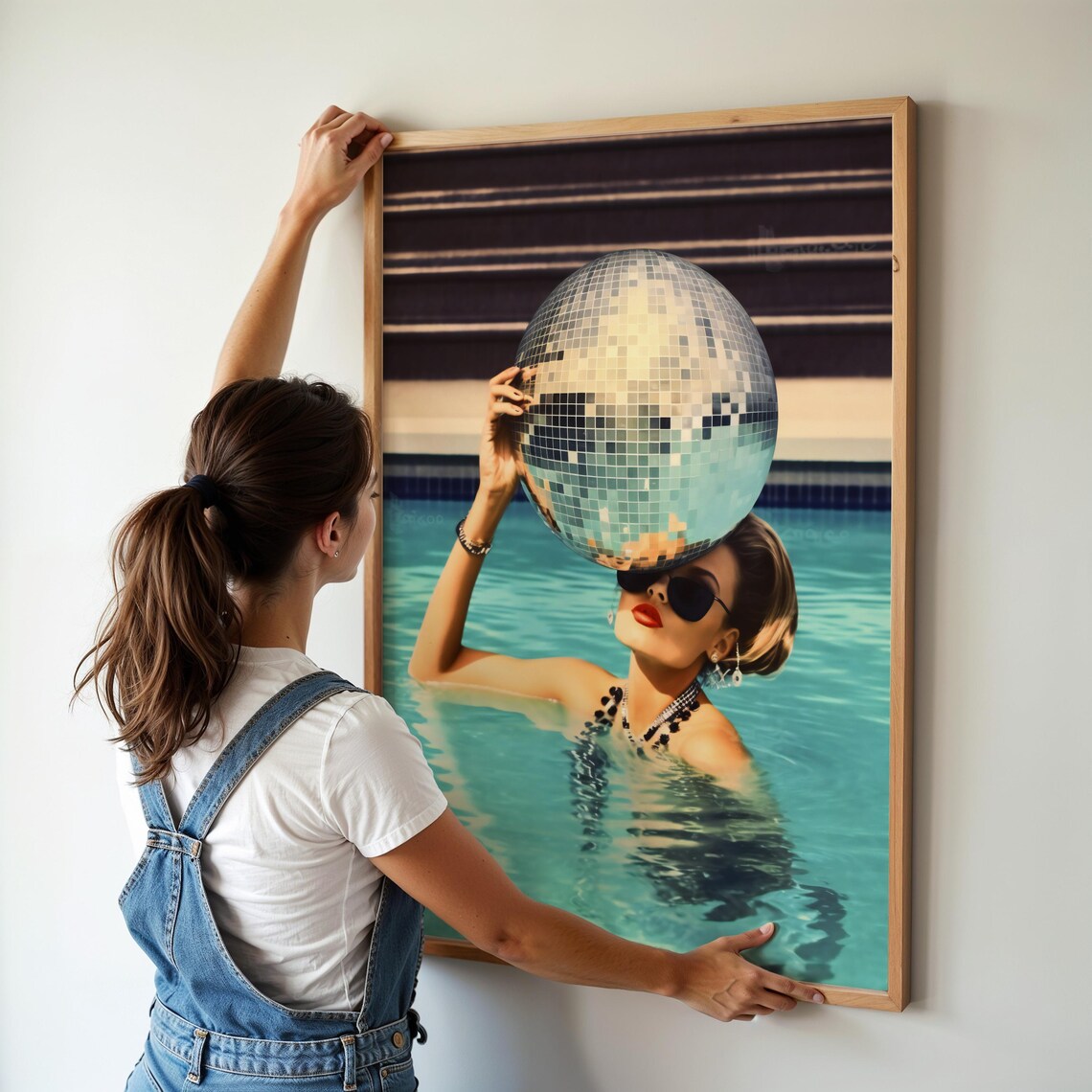 Woman Holding Disco Ball in Pool Retro Glam Summer Trendy Photo Poster - Image 3