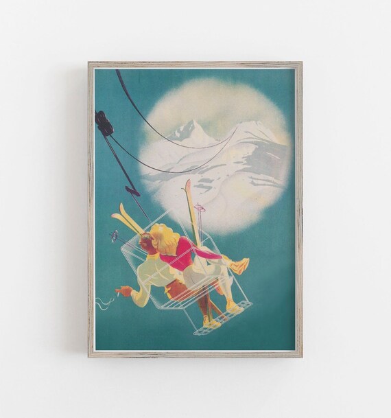 Vintage Ski Poster, Winter Skiing Wall Art Print