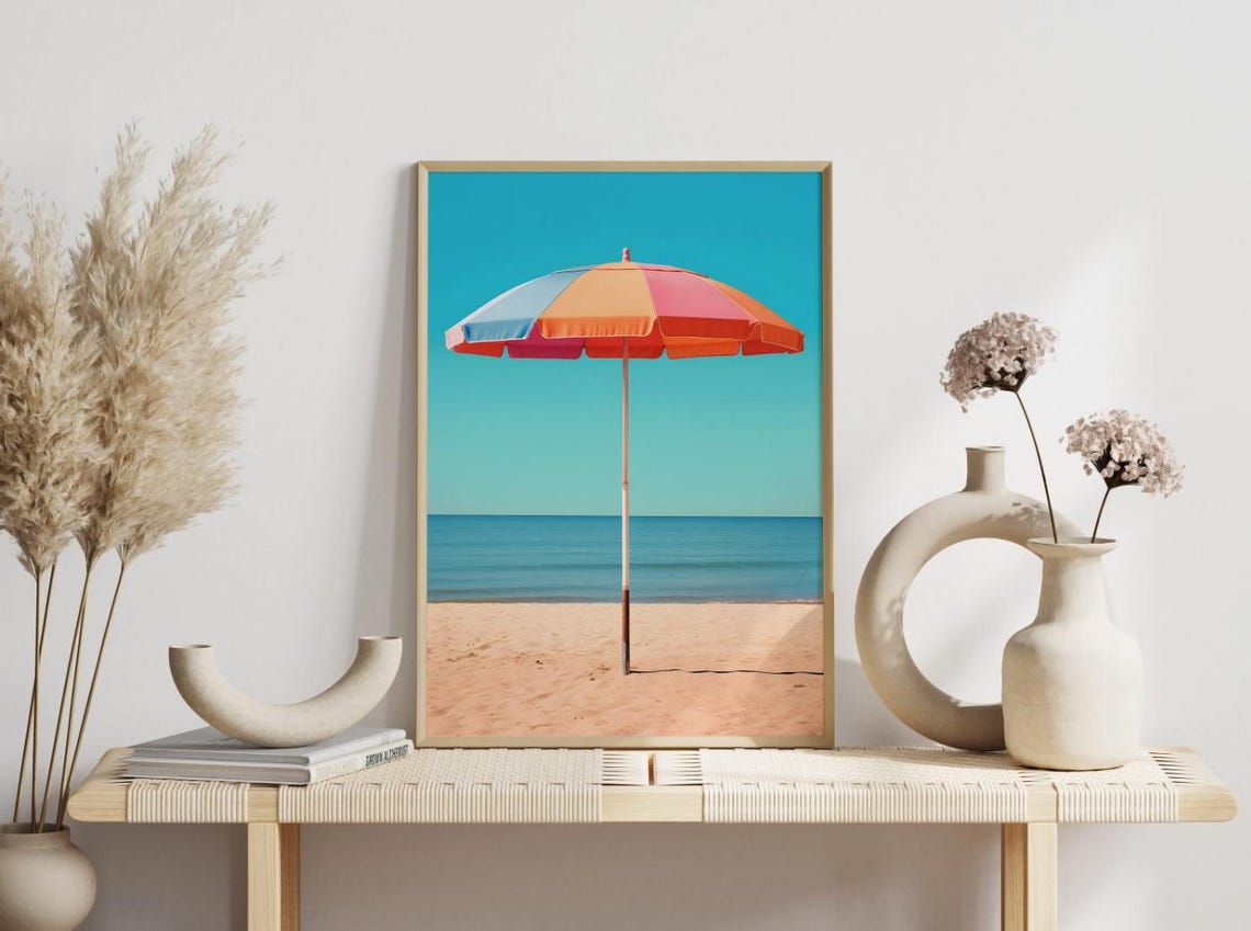 Minimalist Rainbow Beach Umbrella Ocean Sand Summer Decor Poster - Image 3