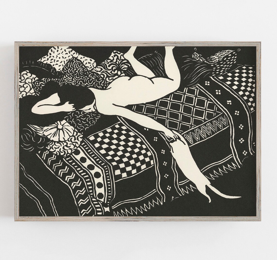 Woman and Cat Portrait, Vintage Black and White Art Print