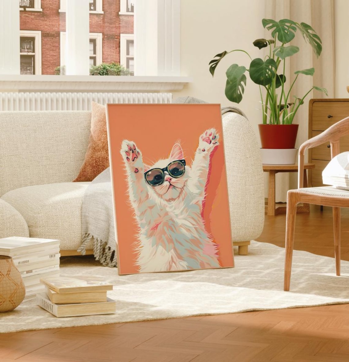 Playful White Cat In Sunglasses Peach Background Cute Pet Animal Poster - Image 2