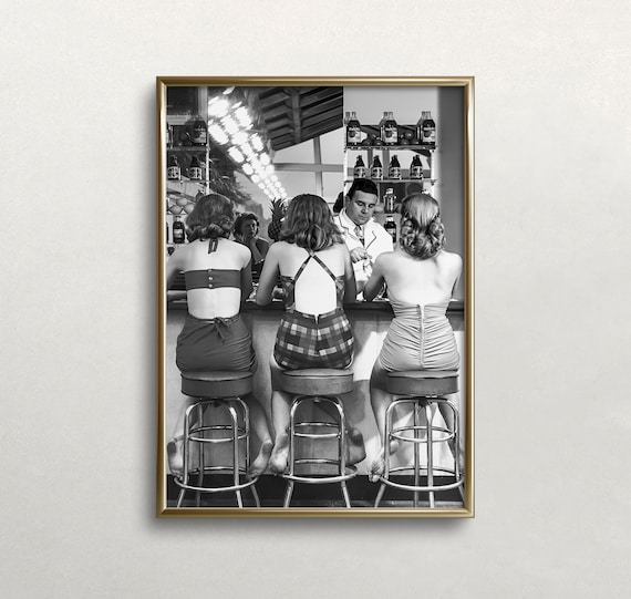 Women At Bar, Vintage Black And White Retro Bar Art Print