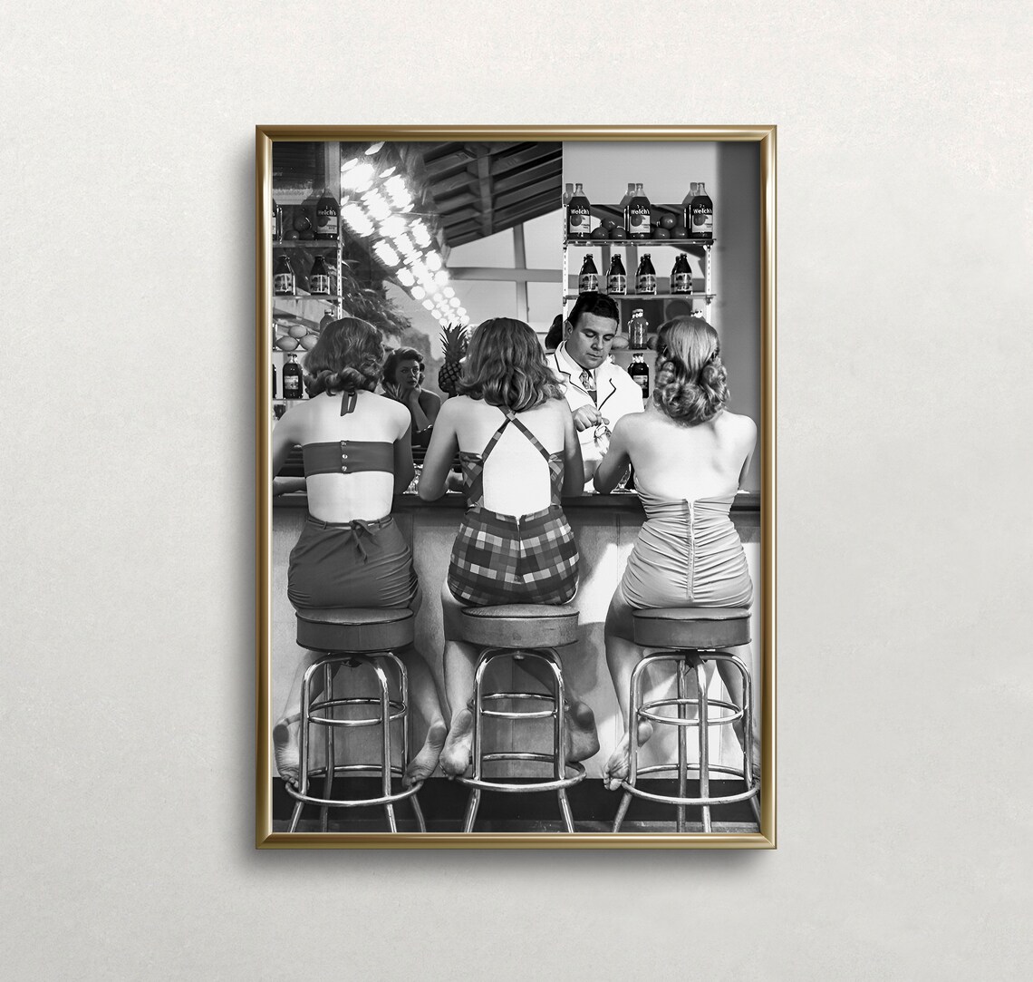 Women At Bar, Vintage Black And White Retro Bar Art Print