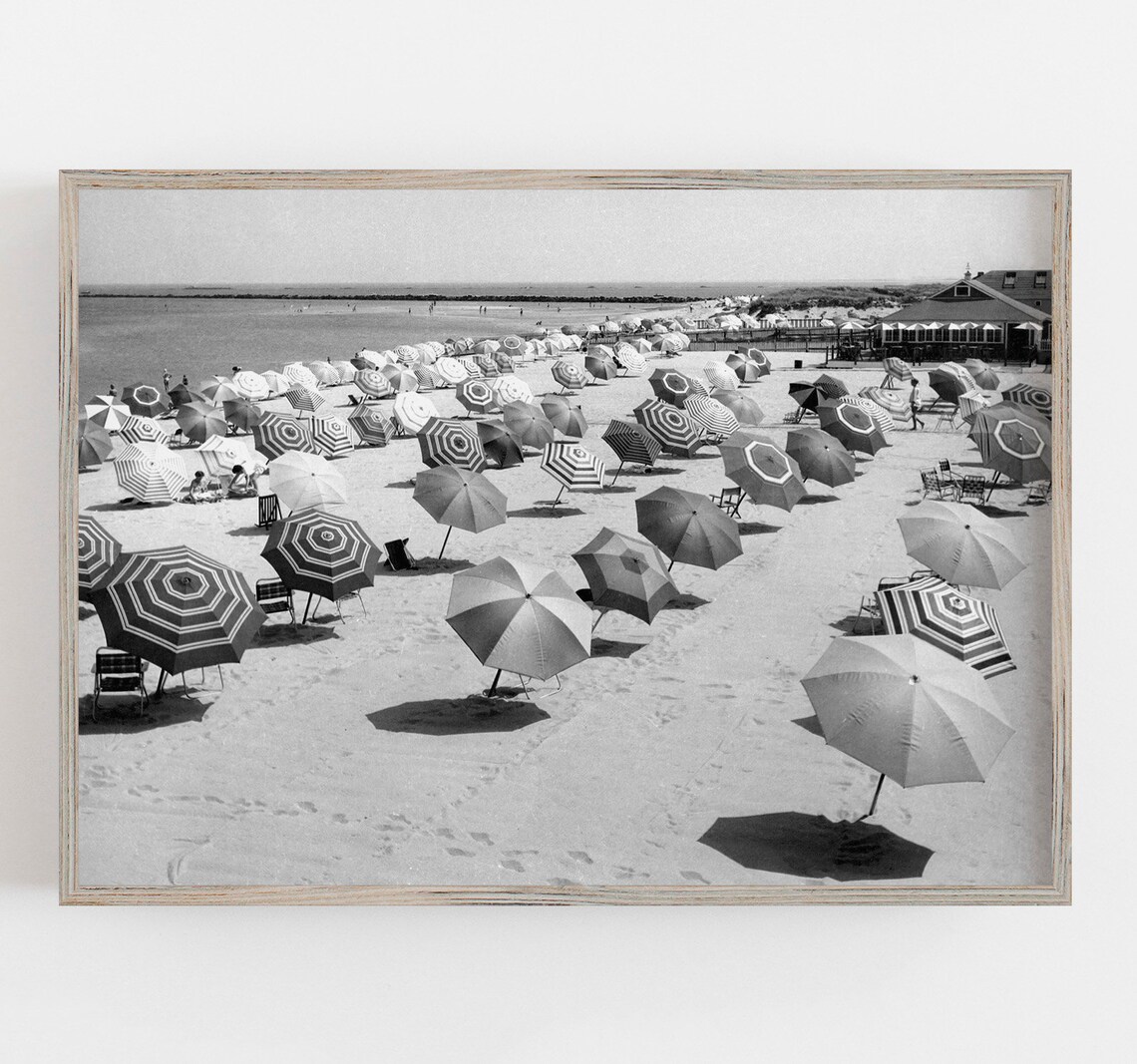 Beach Umbrellas, Black and White Vintage Art Print