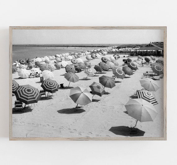 Beach Umbrellas, Black and White Vintage Art Print