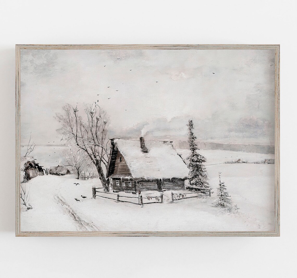 Winter Farmhouse Art Print, Rustic Neutral Decor