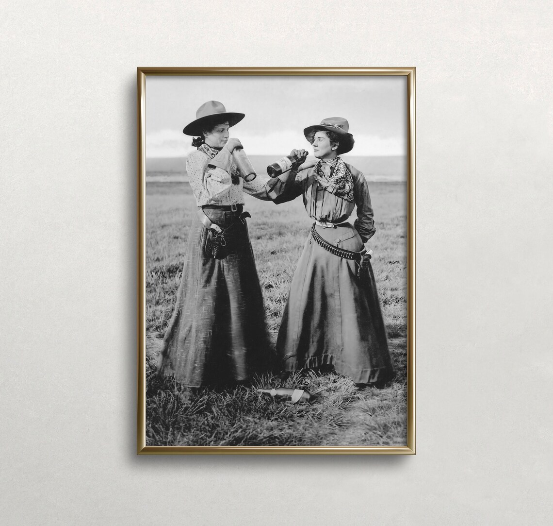 Two Cowgirl Friends In Dresses Drinking Bottles Western Photo Poster