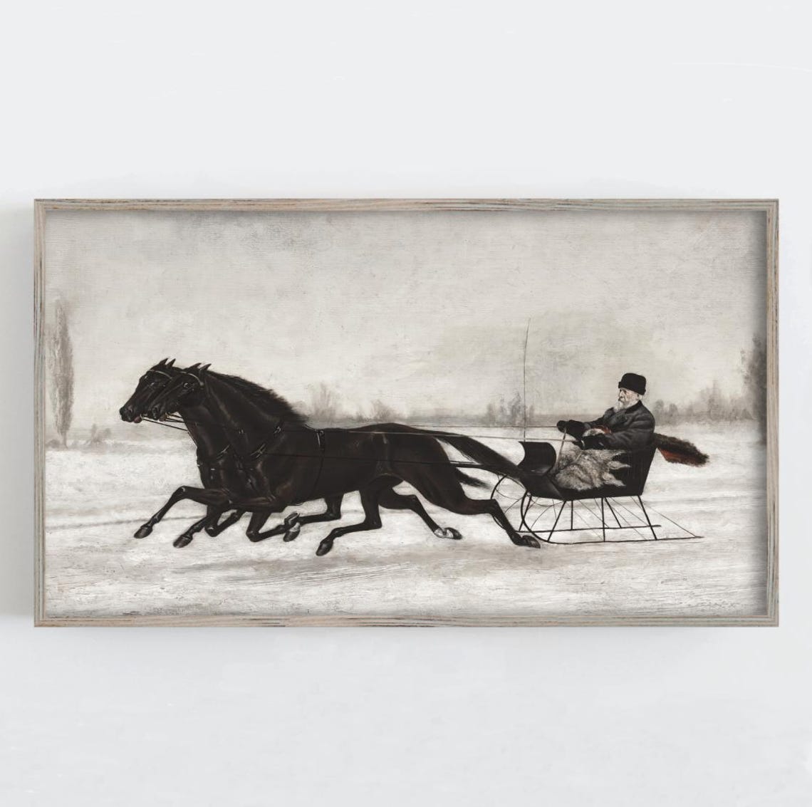 Two Horse Sleigh Racing Across Snow Vintage Winter Painting Print