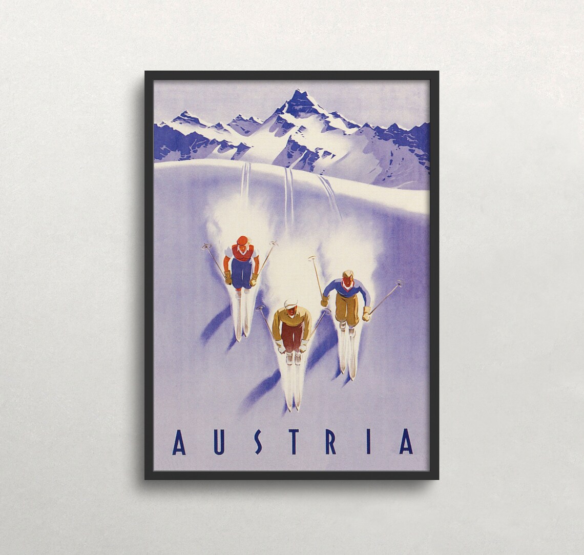 Austria Ski Poster, Vintage Downhill Skiers Art Print