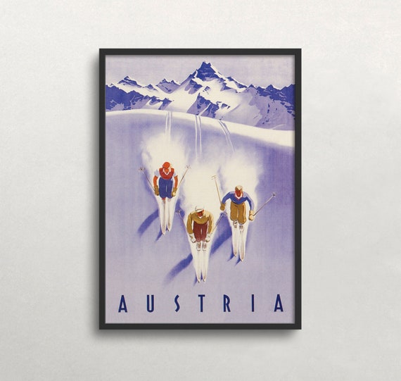 Austria Ski Poster, Vintage Downhill Skiers Art Print