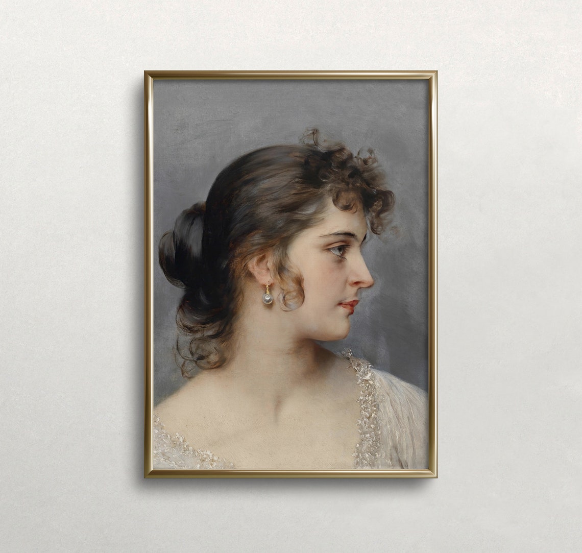 Elegant Woman Profile Pearl Earring Soft Muted Antique Portrait Print