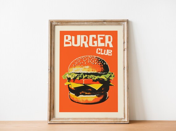 Burger Club Retro Orange Cheeseburger Vintage Pop Art Food Poster