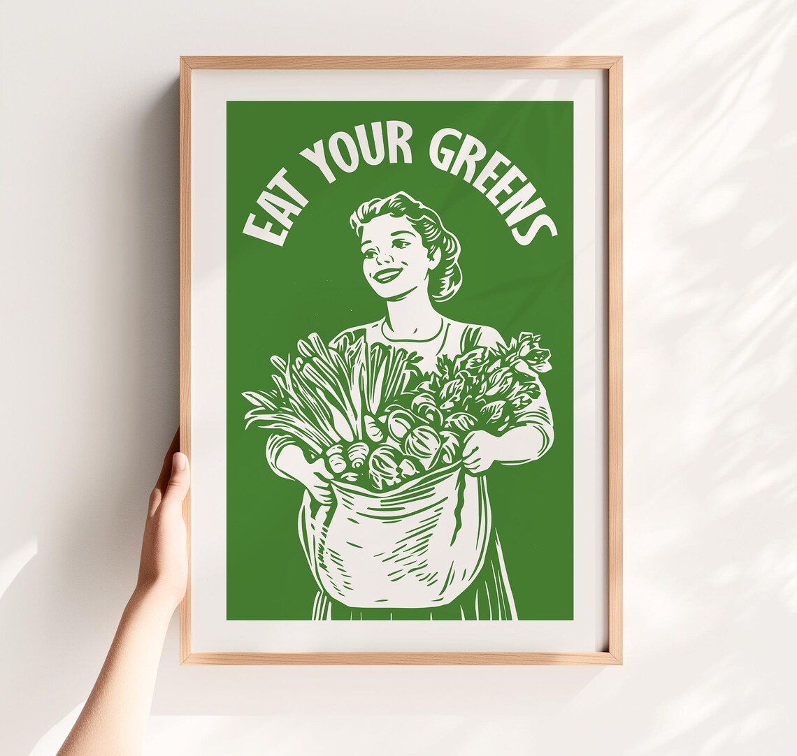 Eat Your Greens Vintage Green Kitchen Vegan Retro Quote Poster