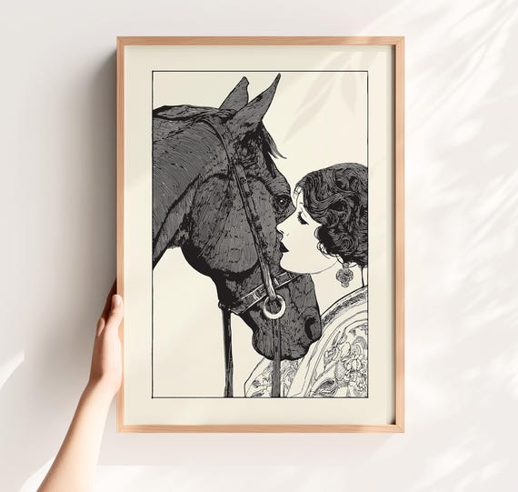 Vintage Horse Art Print Elegant Woman Equestrian Illustration