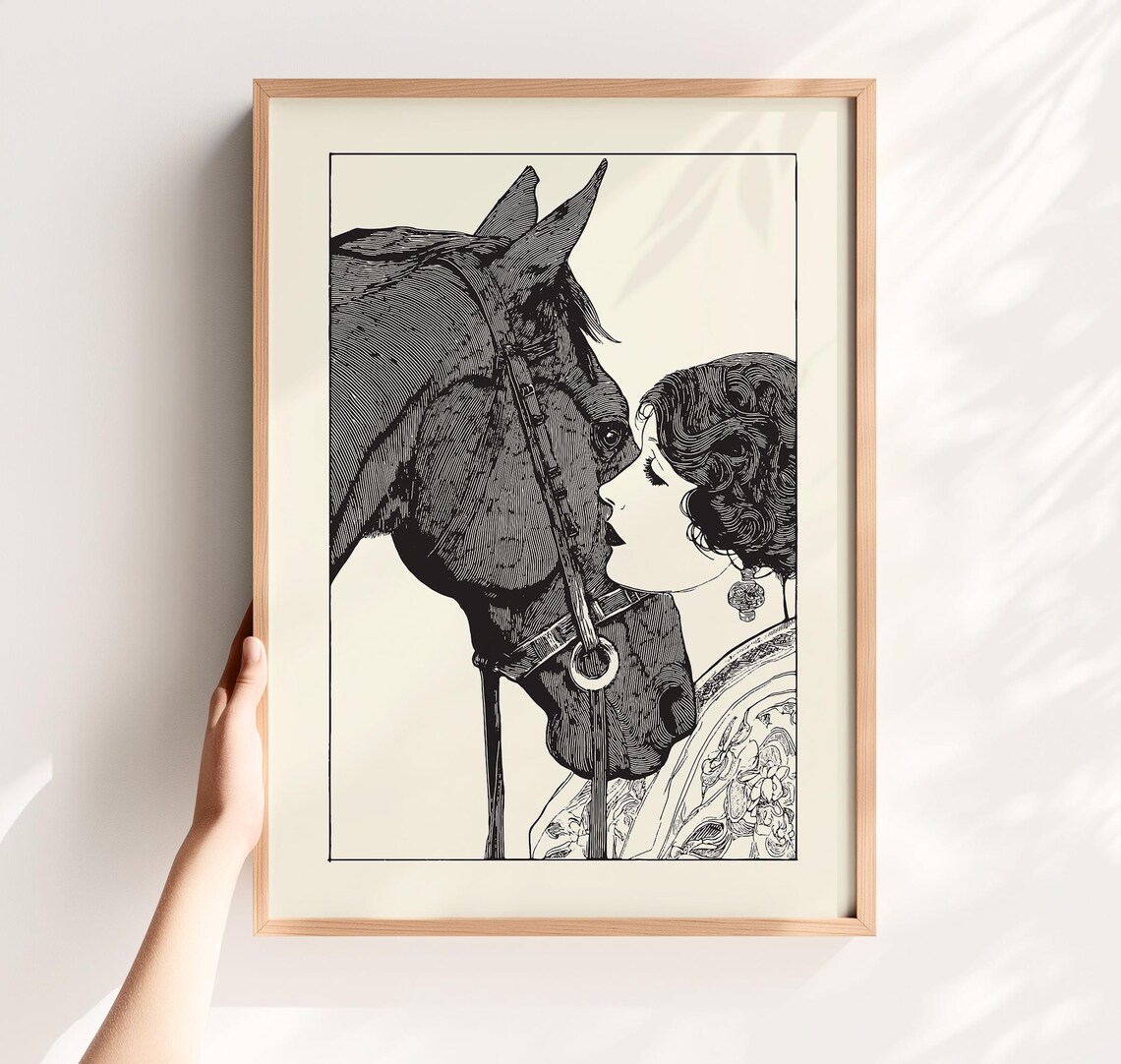 Vintage Woman Kissing Horse Engraving Style Equestrian Art Poster