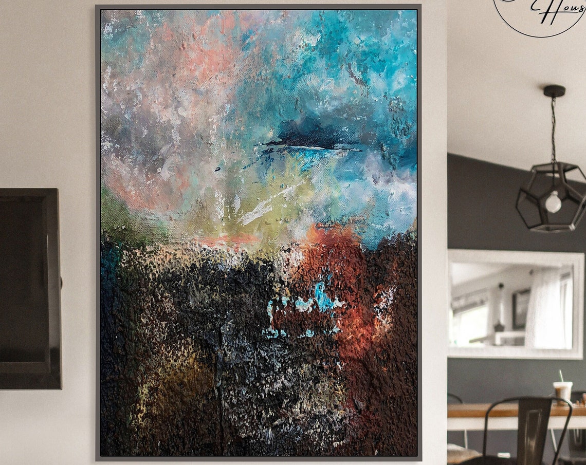 Dark Teal Cloud Abstract Black Ground Rust Accents Wall Art Print