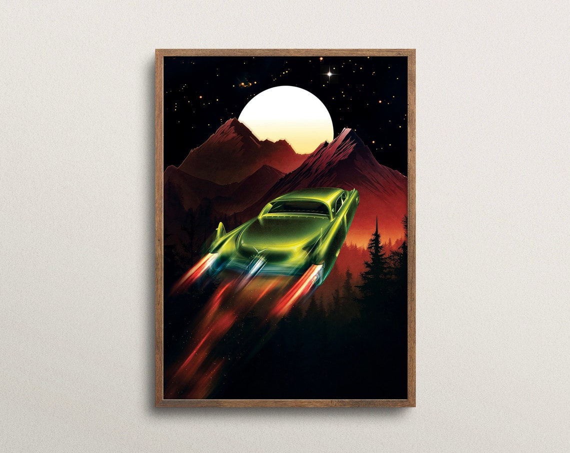 Skybound Flying Classic Car Night Mountains Glowing Moon Poster - Image 4