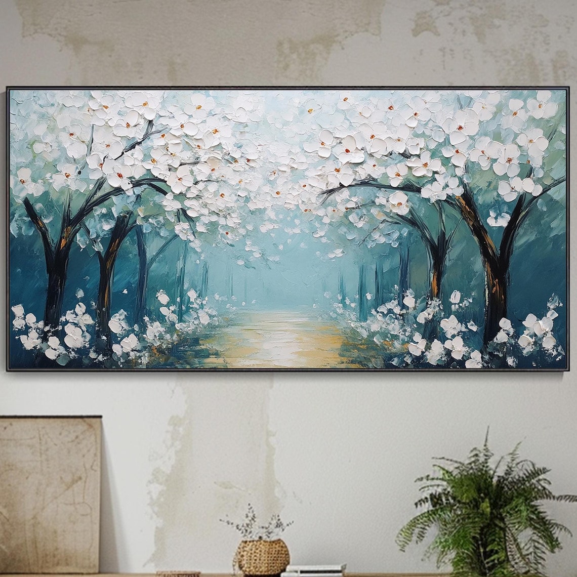 White Cherry Blossom Trees River Path 3D Textured Art Poster