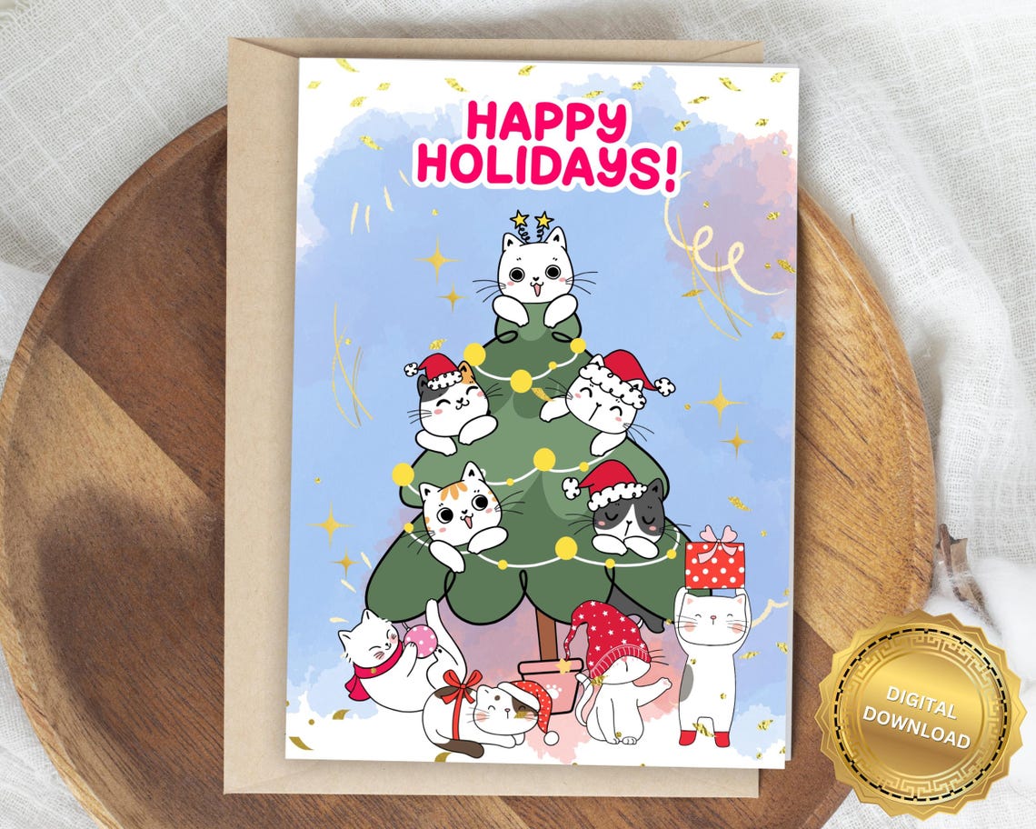 Happy Holidays Kawaii Cats Around Christmas Tree Card Poster Design