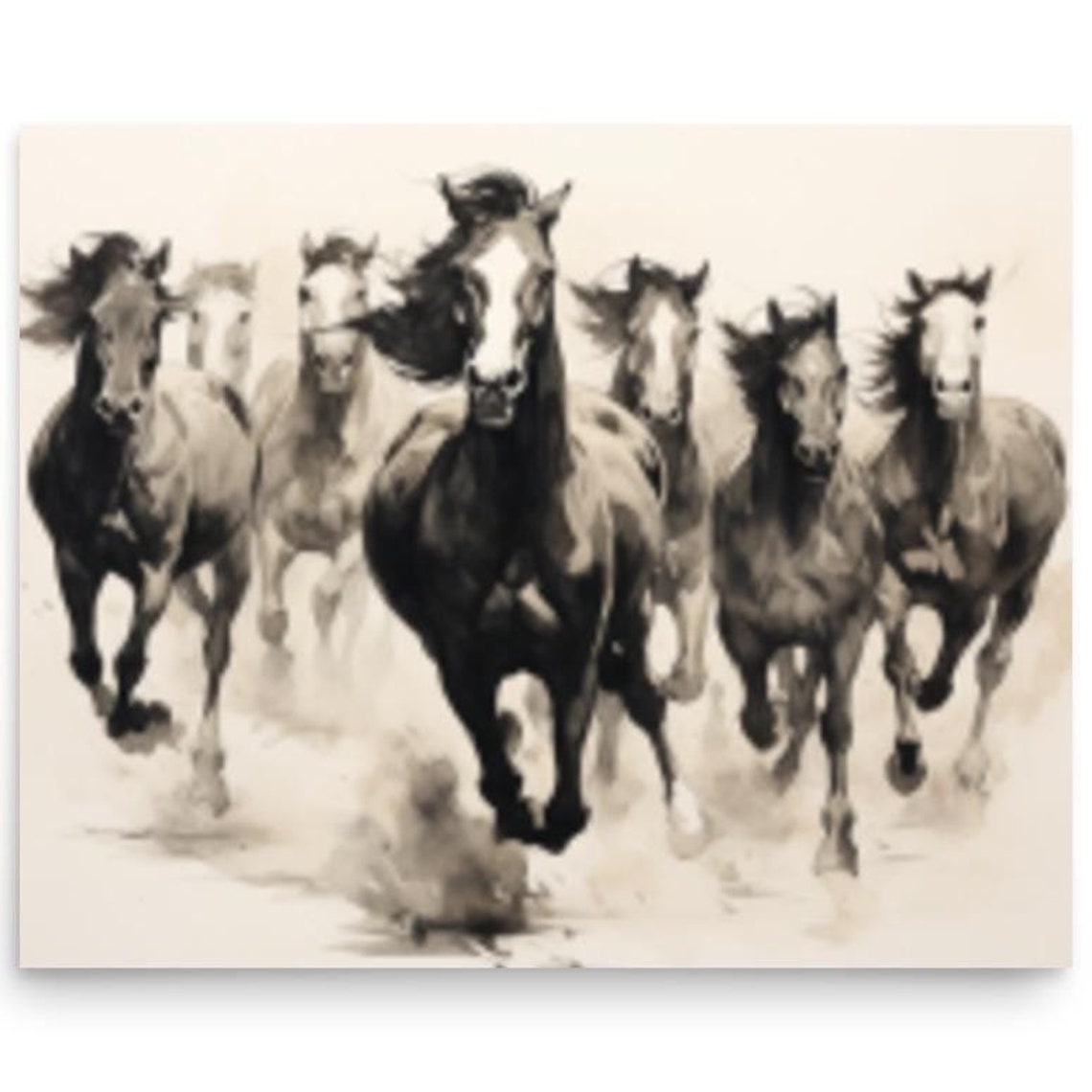 Galloping Horse Herd Watercolor Monochrome Motion Art Poster
