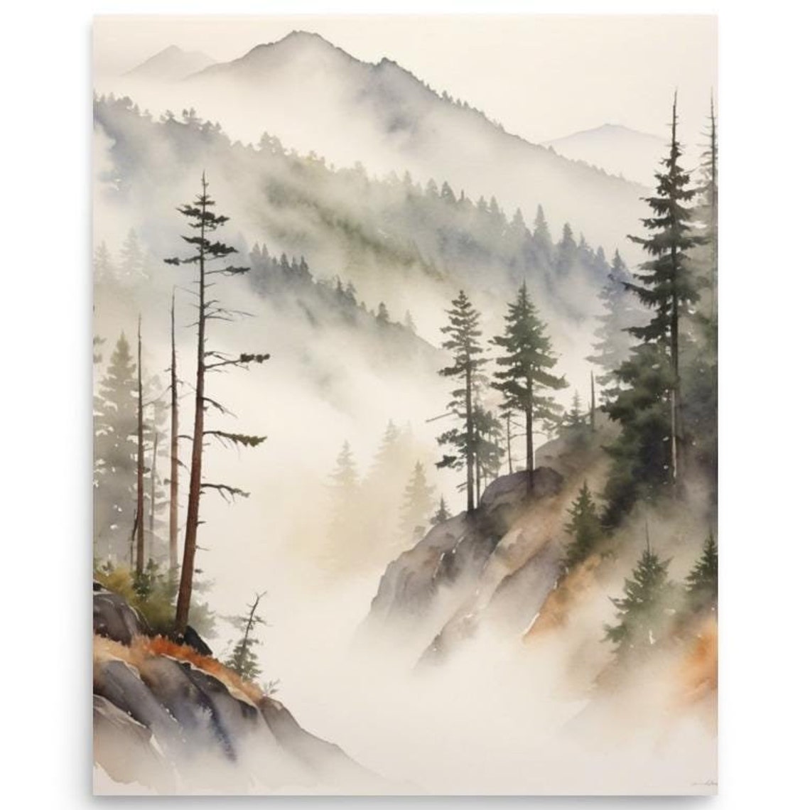 Appalachian Mountains Painting Smoky Mountains Landscape Watercolor Art Print Foggy Pine Forest Wall Art Earthly Tones Misty Nature Art