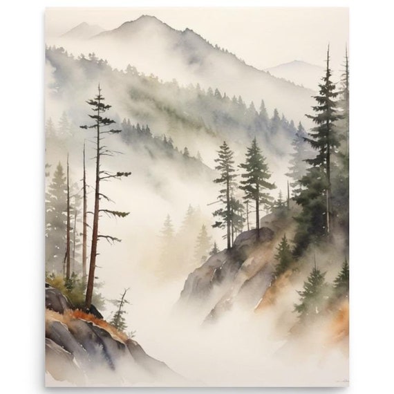 Appalachian Mountains Painting Smoky Mountains Landscape Watercolor Art Print Foggy Pine Forest Wall Art Earthly Tones Misty Nature Art