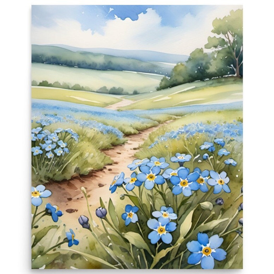 Forget Me Nots Painting Wildflowers Meadow Watercolor Art Print Alaska Landscape Wall Art Field Of Blue Flowers Large Poster Spring Wall Art