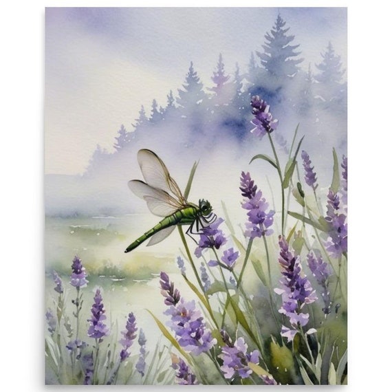 Dragonfly Painting Dragonfly And Lavender Meadow Watercolor Art Print Insect Wall Art Lavender Flowers Art Botanical Poster Floral Artwork