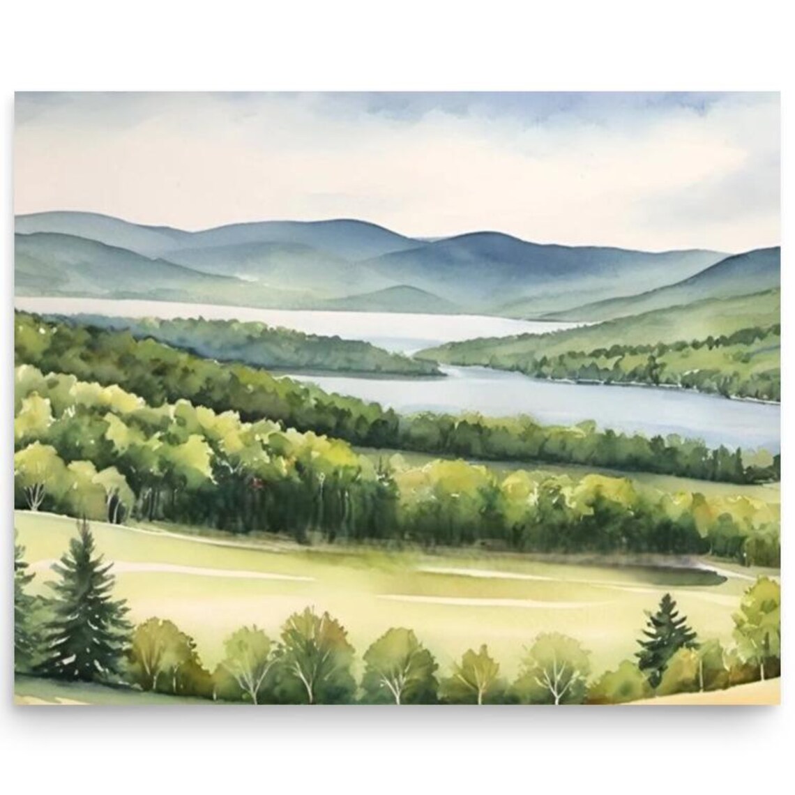 Peaceful Green Mountain Lake Watercolor Forest Landscape Poster