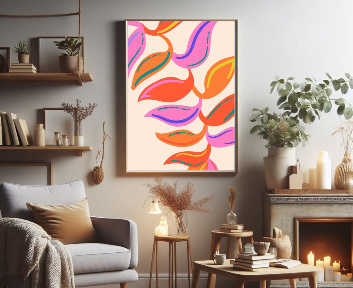 Vibrant Abstract Orange Pink Flowing Leaves Modern Poster Art - Image 2