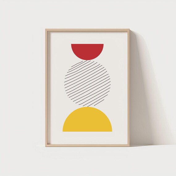 Modern Abstract Wall Art Print Minimalist Geometric Poster Red Yellow Circle Shapes Scandinavian Home Decor Boho Line